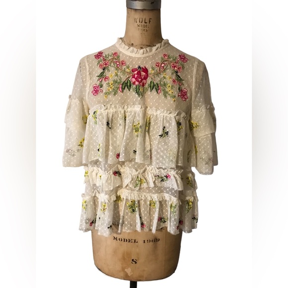 Zara Tops - Zara woman premium denim collection cream lace shirt with embroidery detail